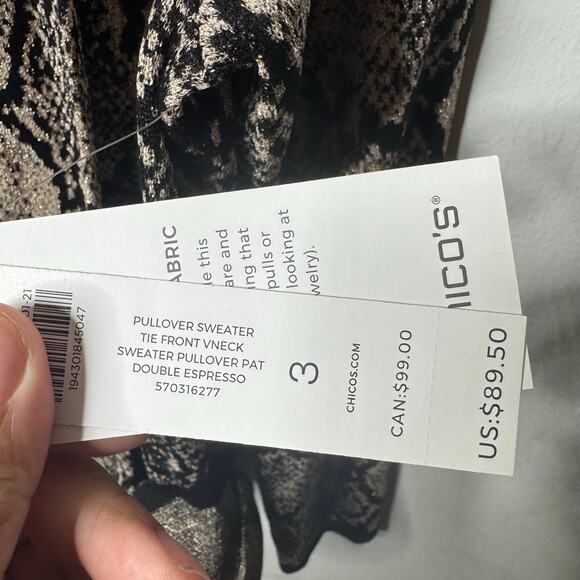 Chico’s Snake‎ Print Metallic Tie Front V-Neck Pullover Sweater Size 3 XL - Picture 5 of 8